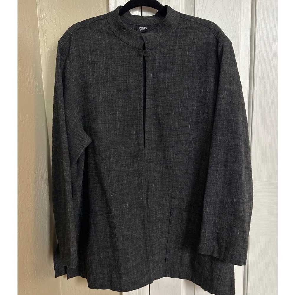 Eileen‎ Fisher Woman 1X Gray Italian Cotton Linen Mandarin Collar Jacket Tunic